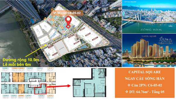 Căn 2PN/74.76m2 Giá 5.227 tỷ ngay cầ sông Hàn, cách biển 4 phút  - Capital Square