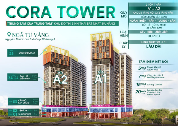 Căn 2PN/65.8m2 giá 3.284 tỷ cách cầu Hòa Xuân 800m - CORA TOWER