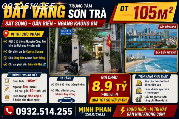 ĐẤT VÀNG TRUNG TÂM SƠN TRÀ – SÁT SÔNG – GẦN BIỂN – NGANG KHỦNG 8M DT 105M²  - Giá 8 tỷ xxx