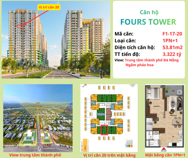 CĂN 1PN+1 TÒA F1 TẦNG 17 MÃ CĂN 20 VIEW TRUNG TÂM ĐÀ NẴNG VÀ PHÁO HOA - FOURS TOWER