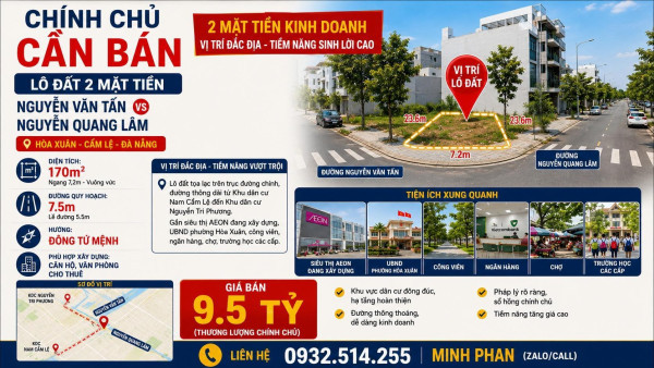 Chính chủ bán lô đất 2 MT Nguyễn Văn Tấn vs Nguyễn Quang Lâm - Hoà Xuân Cẩm Lệ -170m2