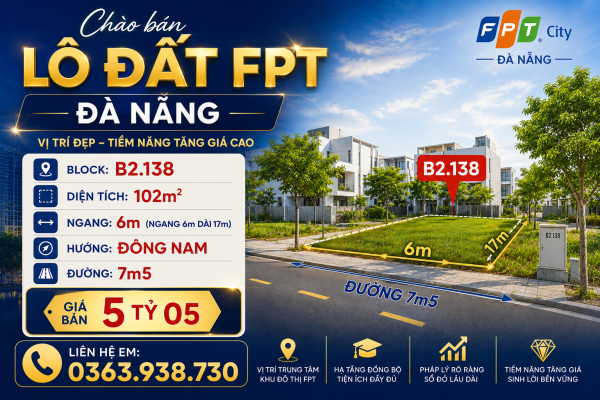 Bán Đất FPT Đà Nẵng - 102m2 - Đường 7m5 - Ngay trường Đại Học FPT