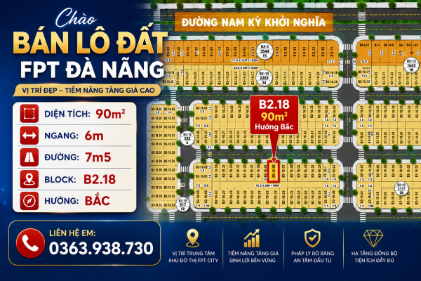 Bán Đất FPT Đà Nẵng - 90m2 - Ngang 6m - Sát Trục Nam Kỳ Khỏi Nghĩa