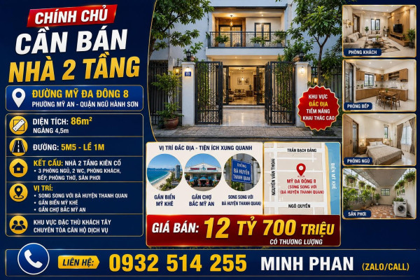 Chính chủ bán nhà 2 tầng Mỹ Đa Đông 8 - Gần Biển - Mỹ An -...