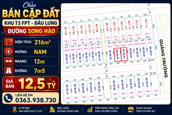 Bán Đất FPT Đà Nẵng - Cặp Đất 216m2 - Đường 7’5 - Đấu lưng Song Hào