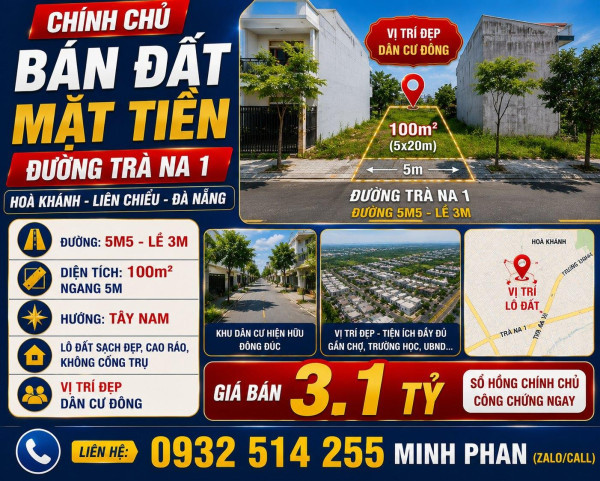 Bán Lô Đất Trà Na 1 - Hoà Khánh - Liên Chiểu - Đà Nẵng - Đường 5m5 lề 3m Giá chỉ 3 tỷ