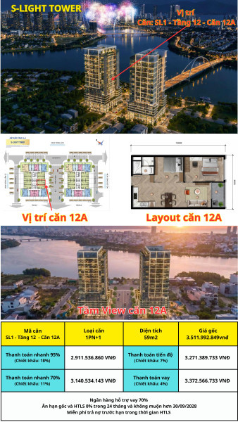 Căn 2PN/59m2 tầng 12 giá từ 2.991 Tỷ - Hòa Xuân - Căn hộ S-Light Tower