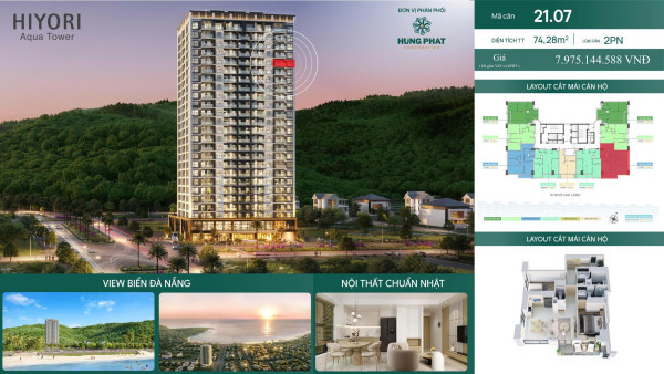 HIYORI AQUA TOWER - Căn góc 2PN full giá 7.975 TỶ view trực diện biển Đà Nẵng